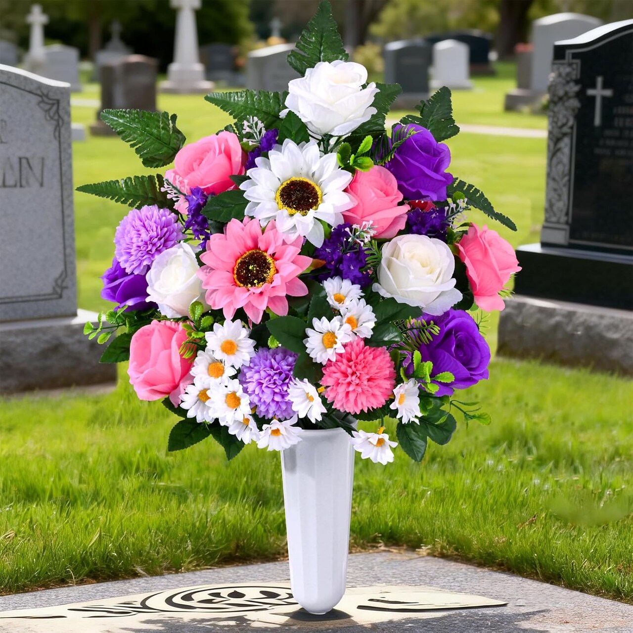 Artificial Cemetery & Memorial Flowers with Vase – UV-Resistant Silk Rose, Fern, Sunflower & Daisy Gravesite Bouquet, Outdoor Memorial Day Grave Decorations (2 Sets)